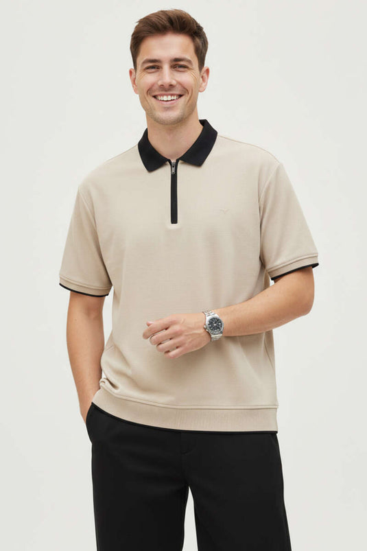 Polohals T-shirt met Rits en Geribbelde Boorden voor Heren Beige