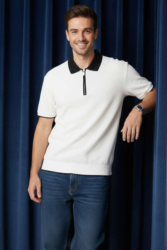 Polokragen mit Rippstrick und Reißverschluss Herren-T-Shirt Ecru