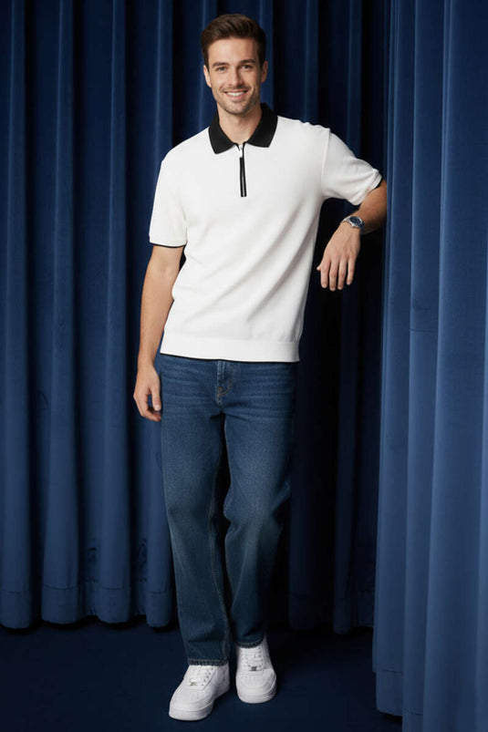 Polo Yaka Ribanalı Fermuarlı Erkek T-shirt Ekru