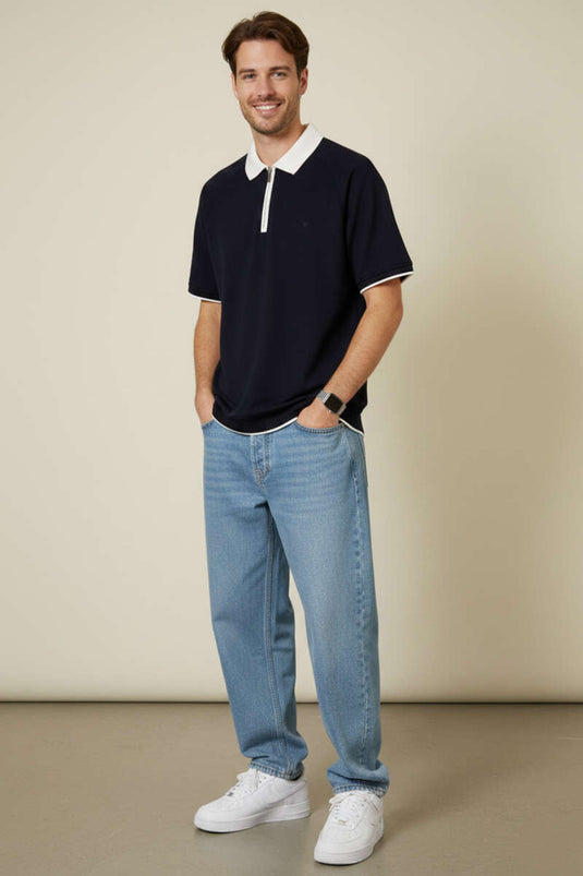 Polo Yaka Ribanalı Fermuarlı Erkek T-shirt Lacivert