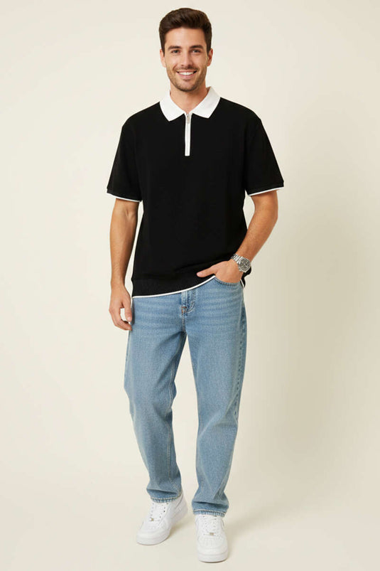 Polo Yaka Ribanalı Fermuarlı Erkek T-shirt Siyah