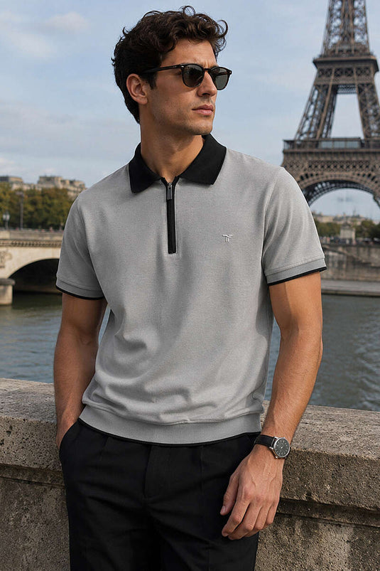 Herren-T-Shirt mit Polokragen, Rippstrick und Reißverschluss, Farbe Vizon