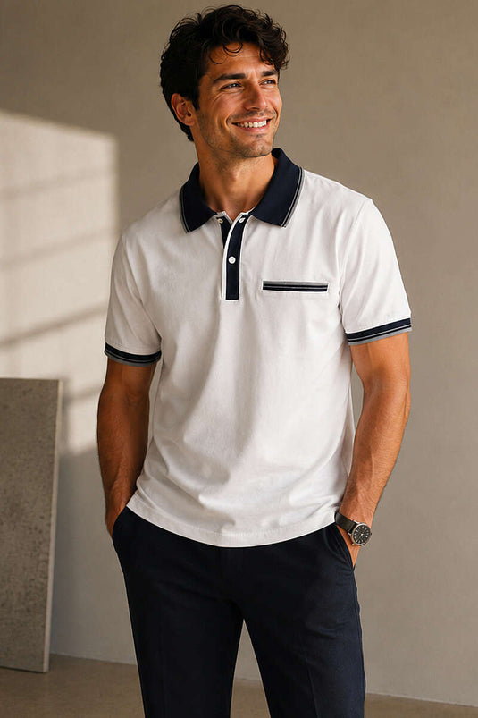 Polo Yaka Sahte Cepli Erkek T-shirt Beyaz