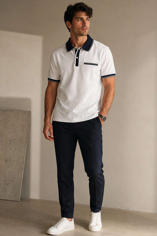 Polo Yaka Sahte Cepli Erkek T-shirt Beyaz