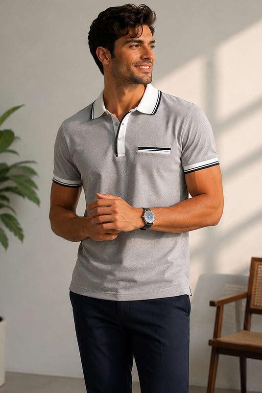 T-shirt homme gris à col polo avec fausse poche