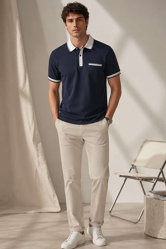 T-shirt homme à col polo avec fausse poche, bleu marine