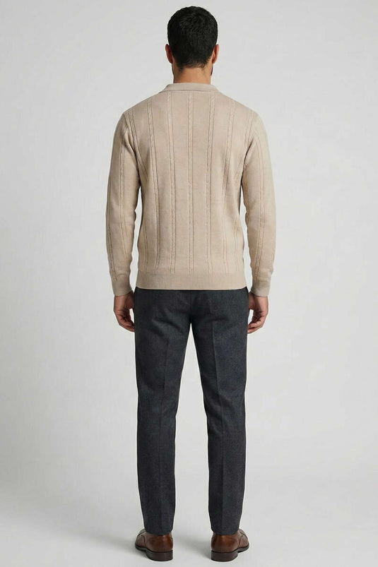 Polo Collar Spiral Striped Men's Sweater Beige