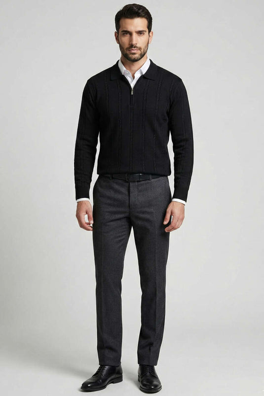 Polo Collar Spiral Striped Men's Sweater Black