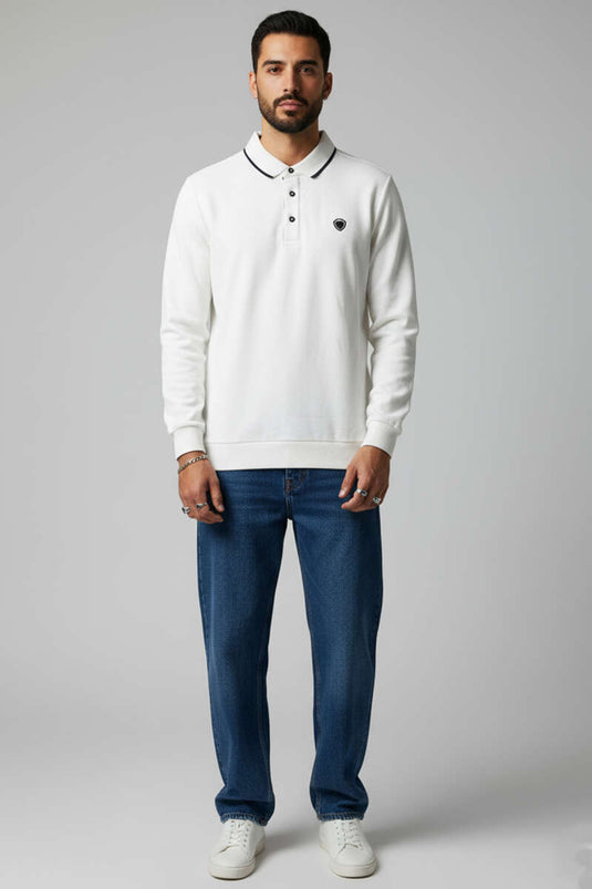 Polo-Kragen-Sweatshirt „Thessaloniki“ aus Baumwolle, Ecru