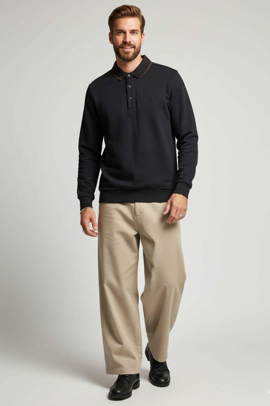 Polo Collar Cotton Sweatshirt Black