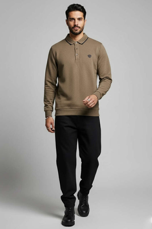Polo Yaka Selanik Pamuklu Sweatshirt Vizon