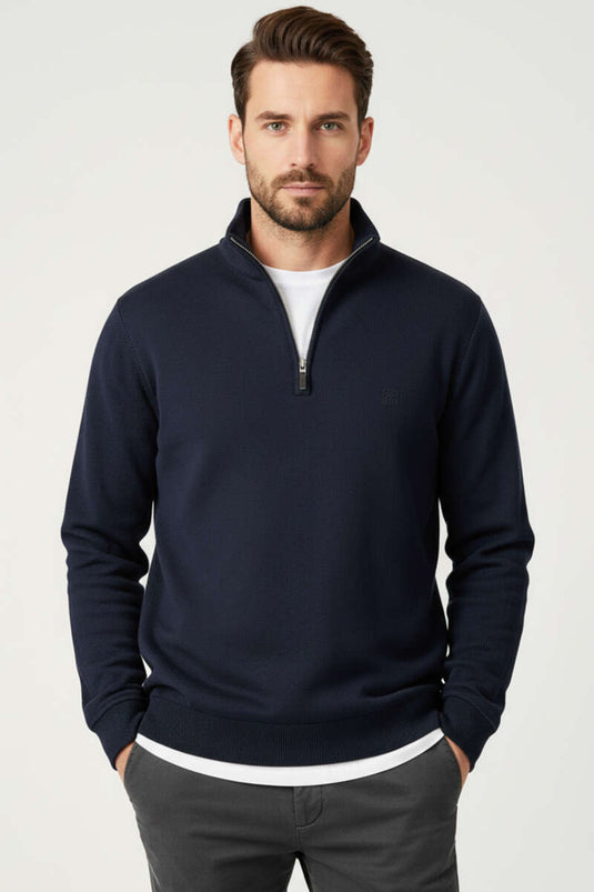Polo Yaka Triko Fermuarlı Erkek Sweatshirt Koyu Lacivert