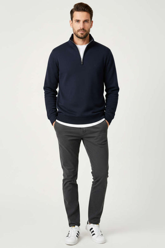 Men's Polo Collar Knitted Zip-Up Sweatshirt Dark Navy