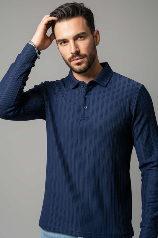 Polo Collar Long Sleeve Men's Shirt Navy Blue