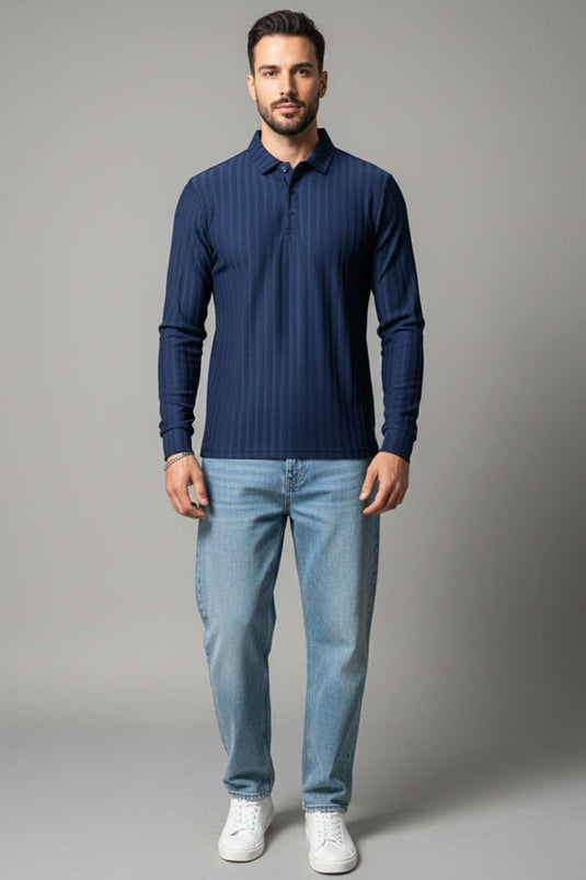 Polo Collar Long Sleeve Men's Shirt Navy Blue
