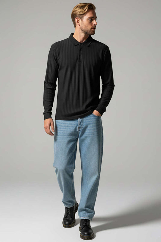 Camiseta de hombre de manga larga con cuello tipo polo negra