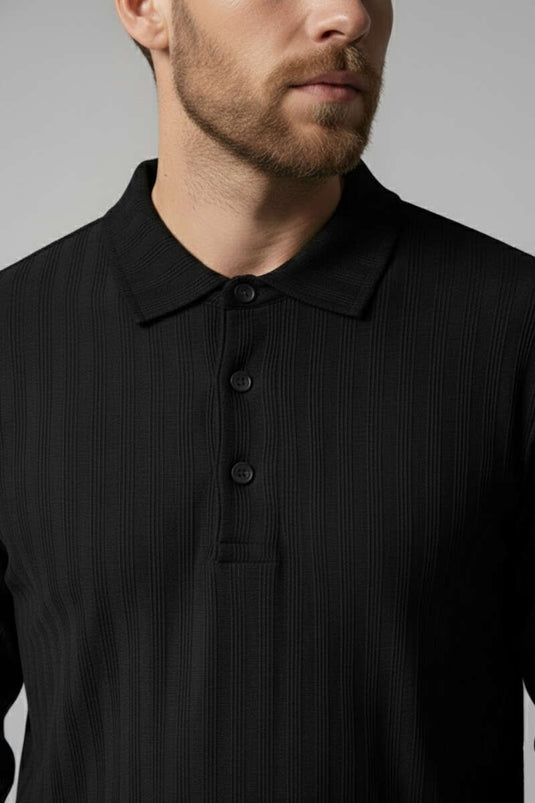 Camiseta de hombre de manga larga con cuello tipo polo negra