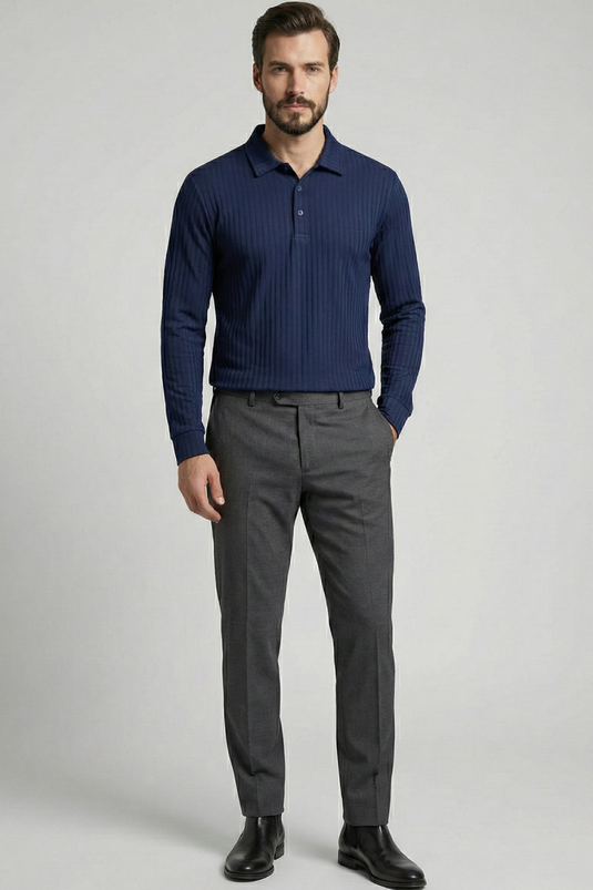 Long-Sleeved Men's Shirt with a Collar, Navy Blue