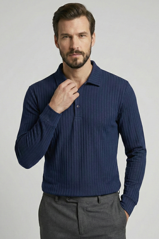 Long-Sleeved Men's Shirt with a Collar, Navy Blue