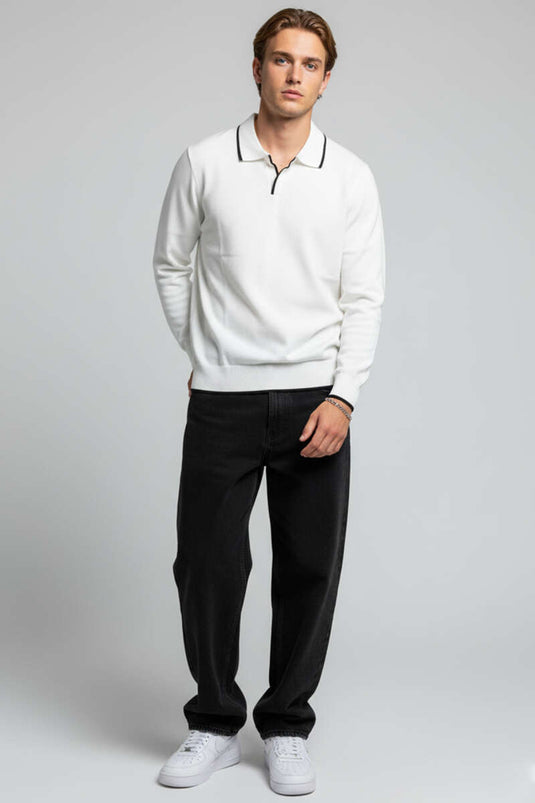 Weißes Herren-Sweatshirt mit Polokragen und langen Ärmeln