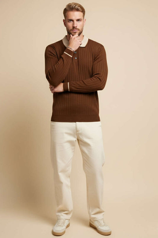 سويت شيرت رجالي محبوك بأكمام طويلة وياقة بولو، بني اللون
