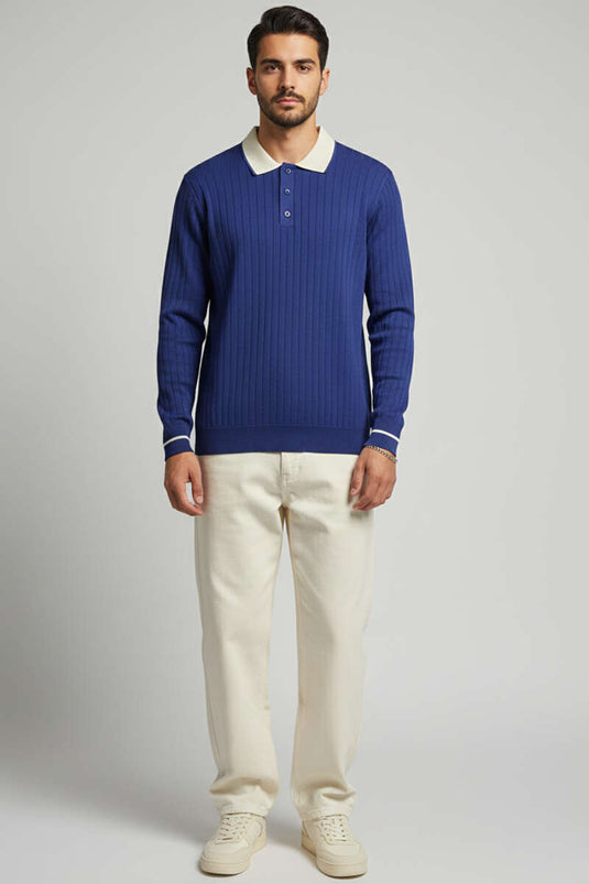 سويت شيرت رجالي محبوك بأكمام طويلة وياقة بولو، لون كحلي