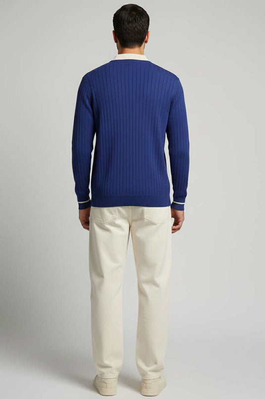 سويت شيرت رجالي محبوك بأكمام طويلة وياقة بولو، لون كحلي