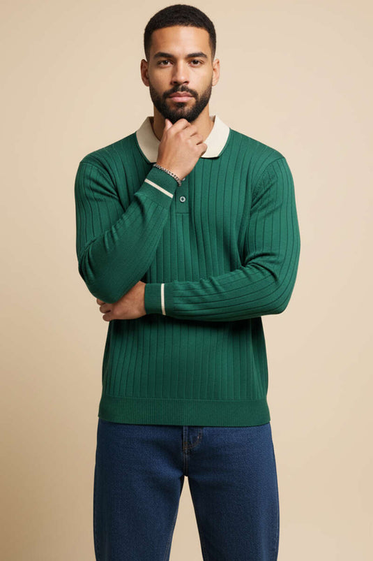 كنزة رجالية محبوكة بأكمام طويلة وياقة بولو، لون أزرق داكن