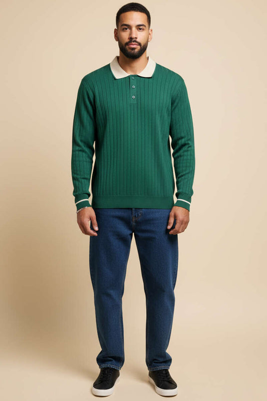 كنزة رجالية محبوكة بأكمام طويلة وياقة بولو، لون أزرق داكن