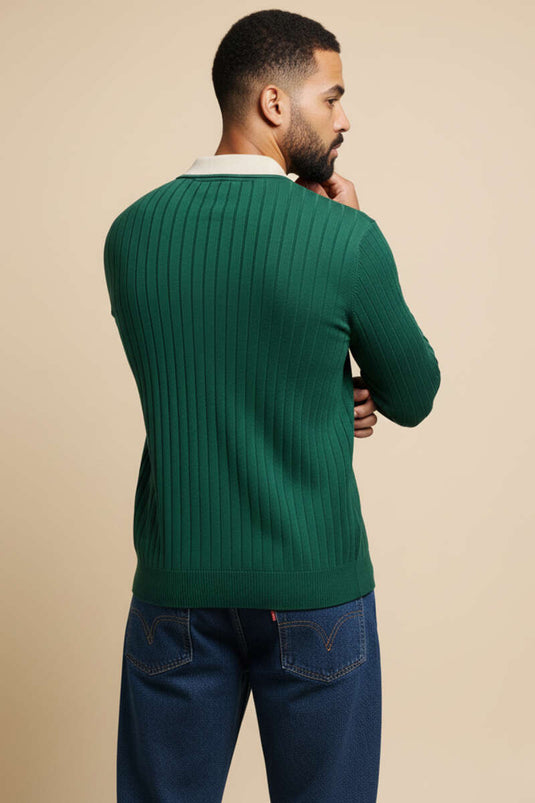 كنزة رجالية محبوكة بأكمام طويلة وياقة بولو، لون أزرق داكن