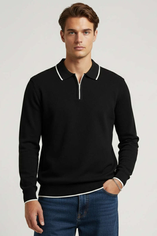 سويت شيرت رجالي أسود بأكمام طويلة وياقة بولو محبوكة