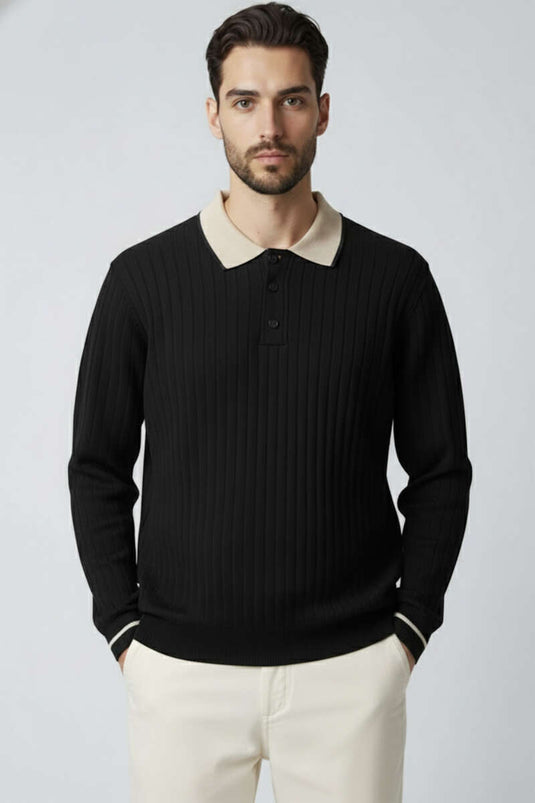 سويت شيرت رجالي أسود بأكمام طويلة وياقة بولو محبوكة