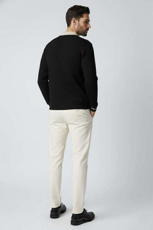 سويت شيرت رجالي أسود بأكمام طويلة وياقة بولو محبوكة