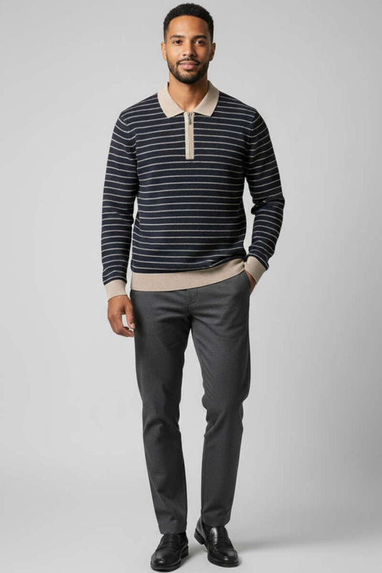Men's Polo Collar Waffle Sweater, Navy Blue