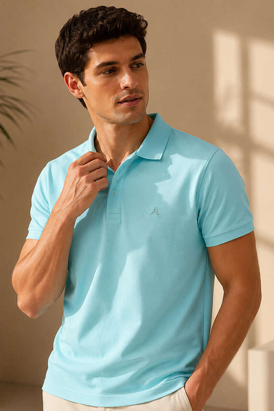 Polo Yaka Yarım Düğmeli Erkek T-shirt Aqua