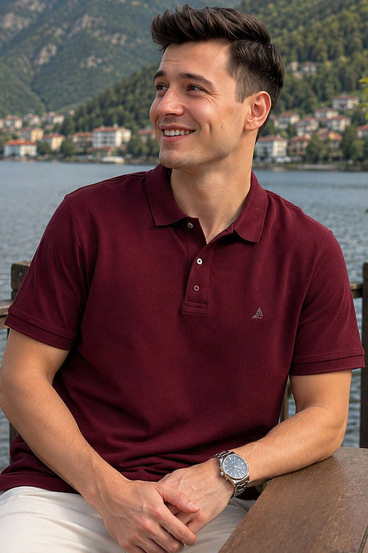 Polo Yaka Yarım Düğmeli Erkek T-shirt Bordo