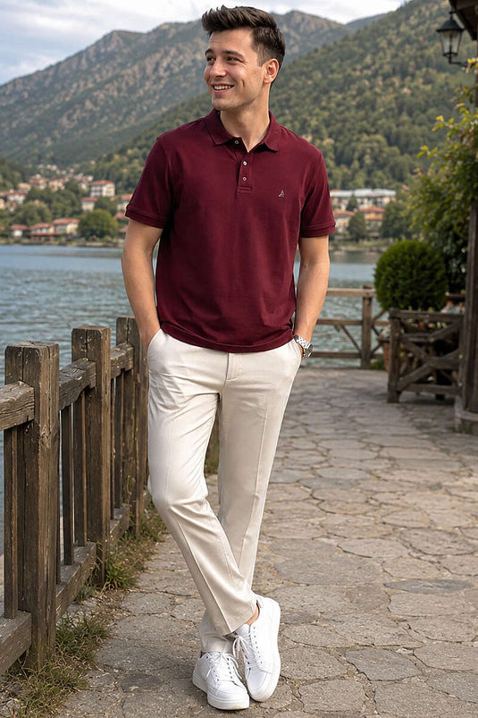 Polo Yaka Yarım Düğmeli Erkek T-shirt Bordo