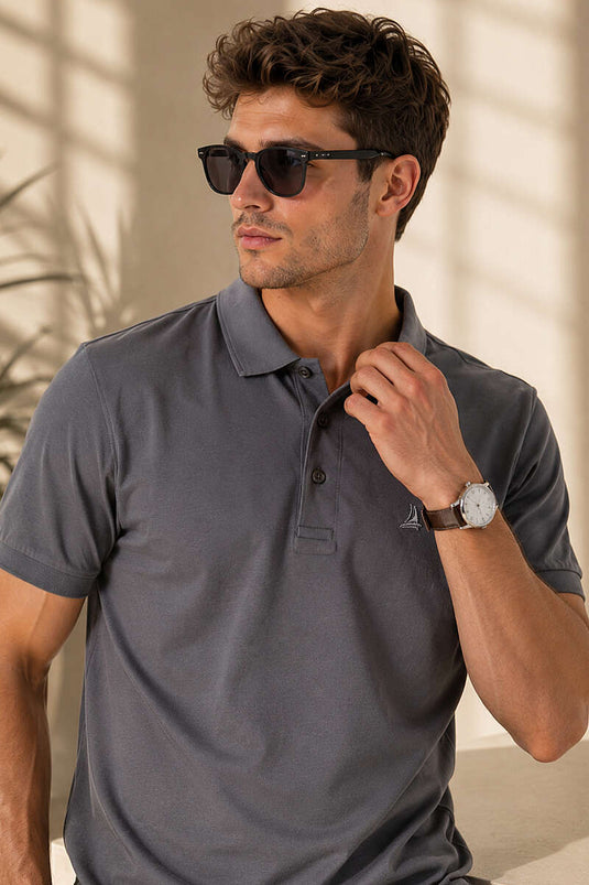 Polo Yaka Yarım Düğmeli Erkek T-shirt Füme