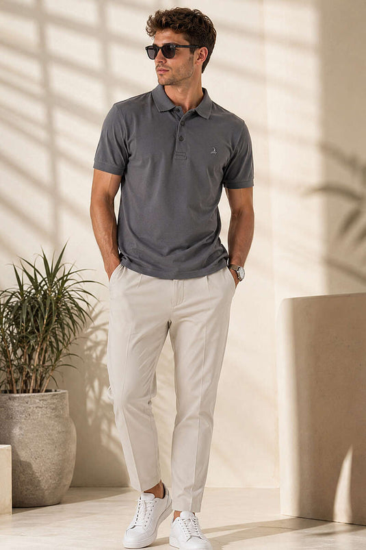 Polo Yaka Yarım Düğmeli Erkek T-shirt Füme