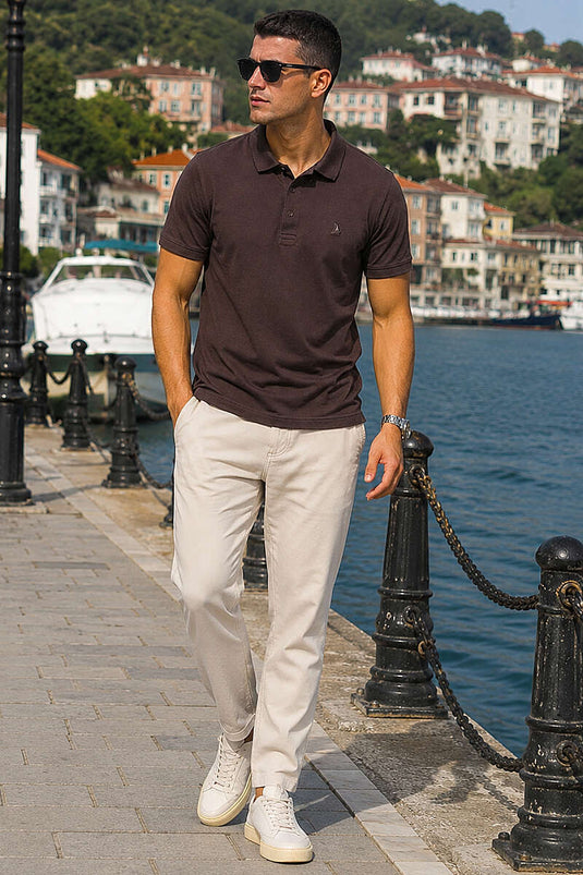 Polo Yaka Yarım Düğmeli Erkek T-shirt Kahve