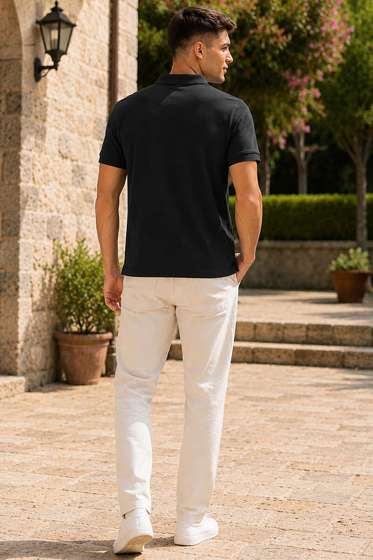 Polo Yaka Yarım Düğmeli Erkek T-shirt Siyah