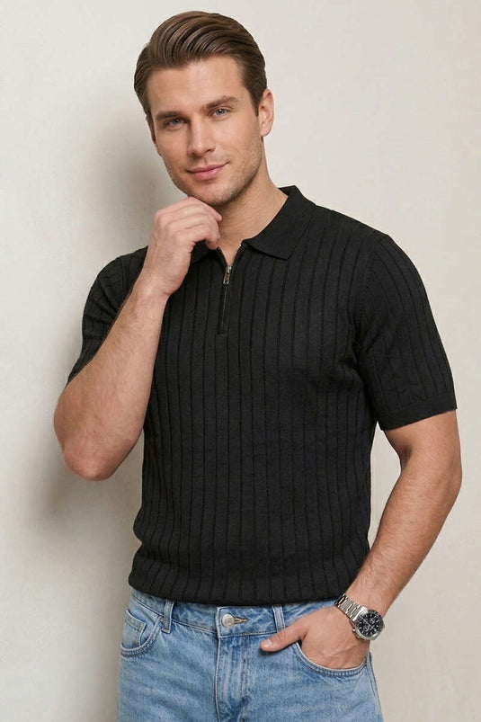 T-shirt homme noir à col polo avec demi-fermeture éclair