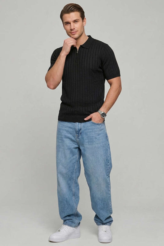 T-shirt homme noir à col polo avec demi-fermeture éclair