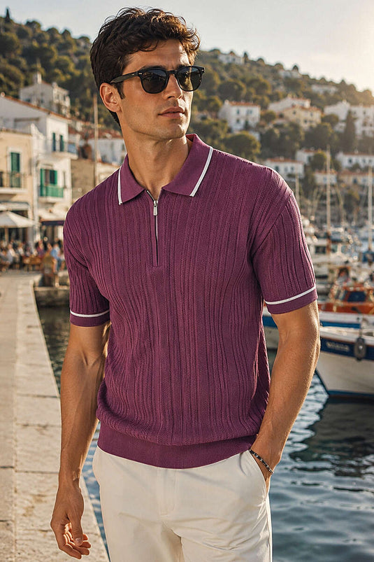 T-shirt homme en coton mercerisé à col polo avec demi-fermeture éclair, couleur mûre