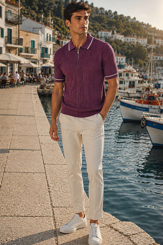T-shirt homme en coton mercerisé à col polo avec demi-fermeture éclair, couleur mûre