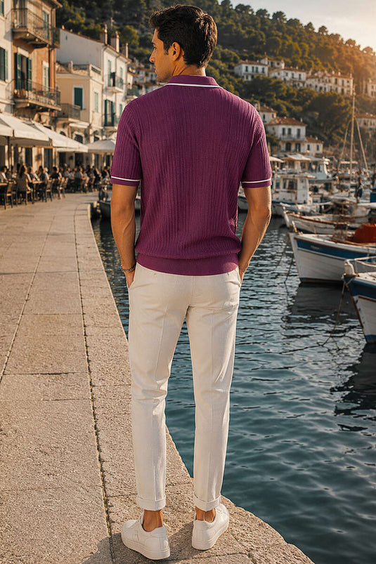 T-shirt homme en coton mercerisé à col polo avec demi-fermeture éclair, couleur mûre
