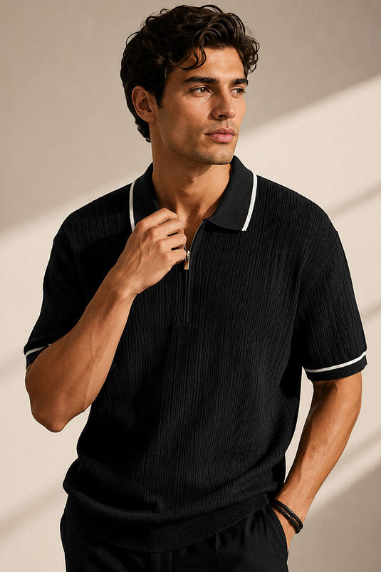 T-shirt homme en coton mercerisé noir à col polo avec demi-fermeture éclair