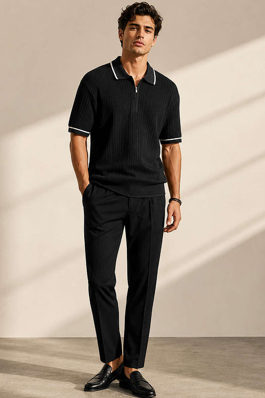 T-shirt homme en coton mercerisé noir à col polo avec demi-fermeture éclair