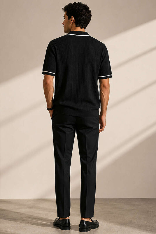 T-shirt homme en coton mercerisé noir à col polo avec demi-fermeture éclair
