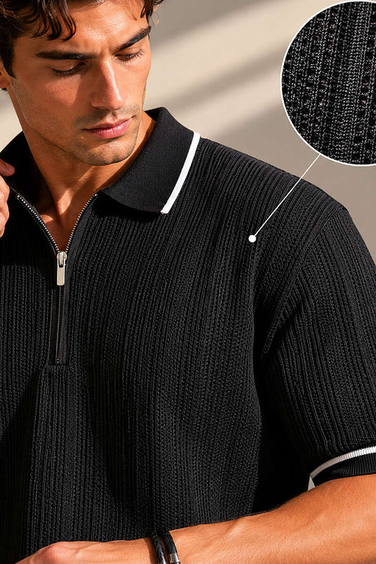 T-shirt homme en coton mercerisé noir à col polo avec demi-fermeture éclair